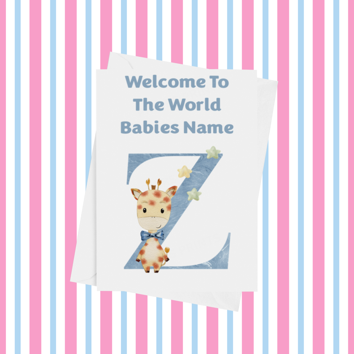 Welcome To The World Giraffe Personalised Card for New Baby in Blue
