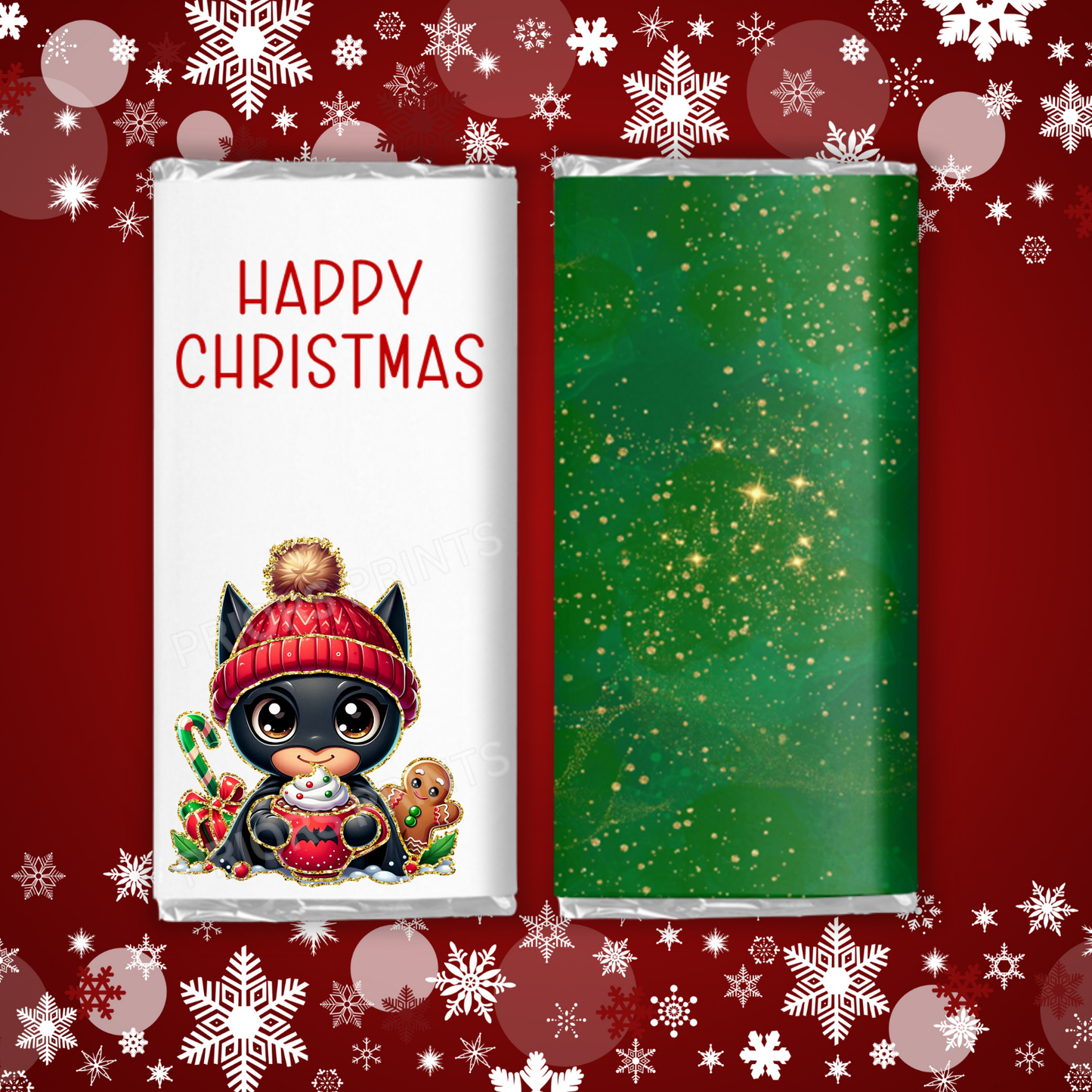 Cute Christmas Characters with Gold Outline Chocolate Bar Wrapper