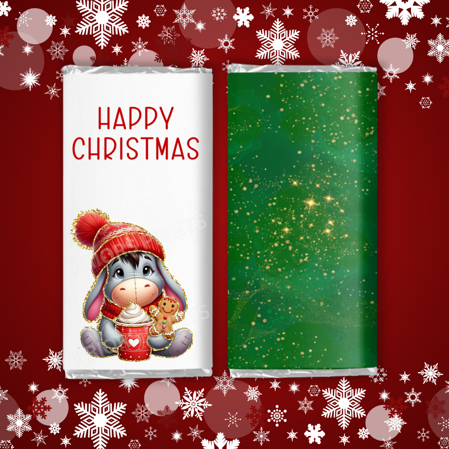 Cute Christmas Characters with Gold Outline Chocolate Bar Wrapper