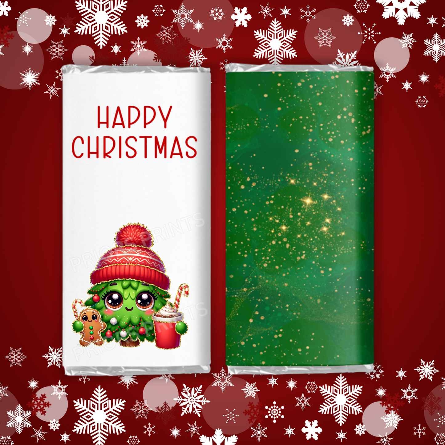 Cute Christmas Characters with Gold Outline Chocolate Bar Wrapper