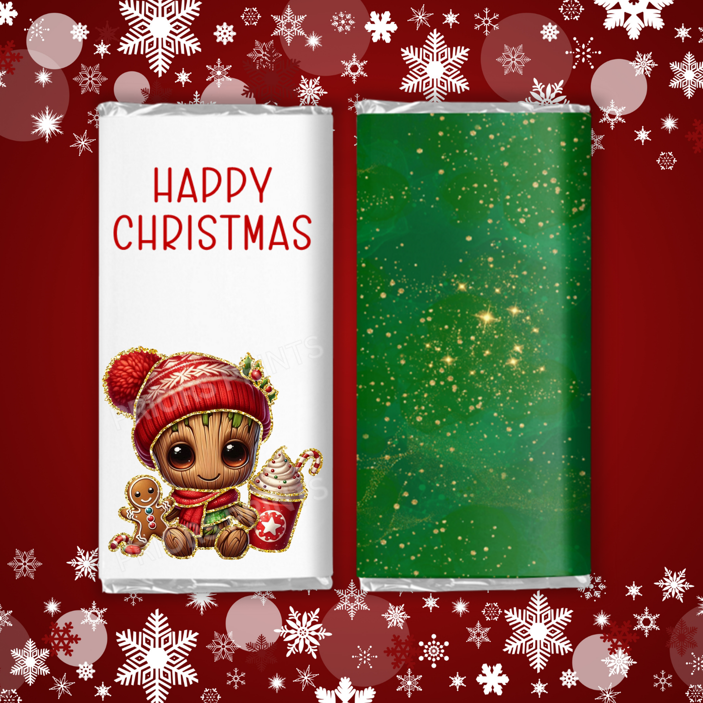 Cute Christmas Characters with Gold Outline Chocolate Bar Wrapper