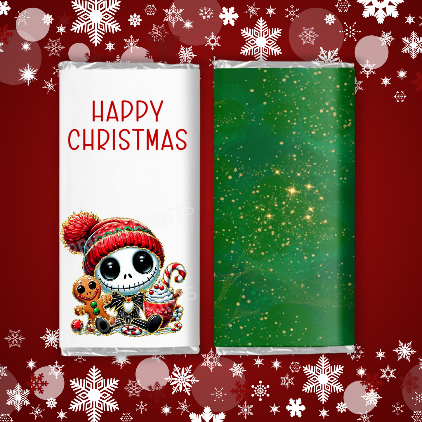 Cute Christmas Characters with Gold Outline Chocolate Bar Wrapper