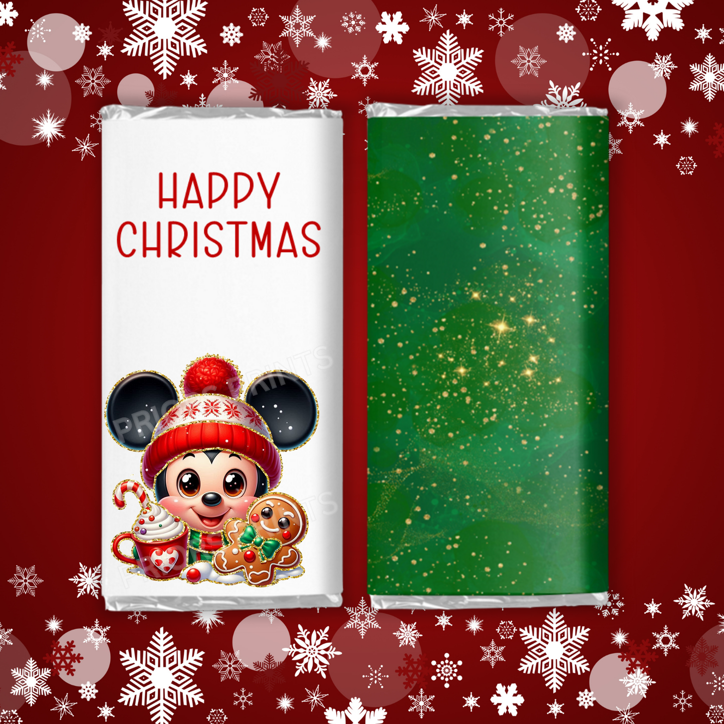 Cute Christmas Characters with Gold Outline Chocolate Bar Wrapper