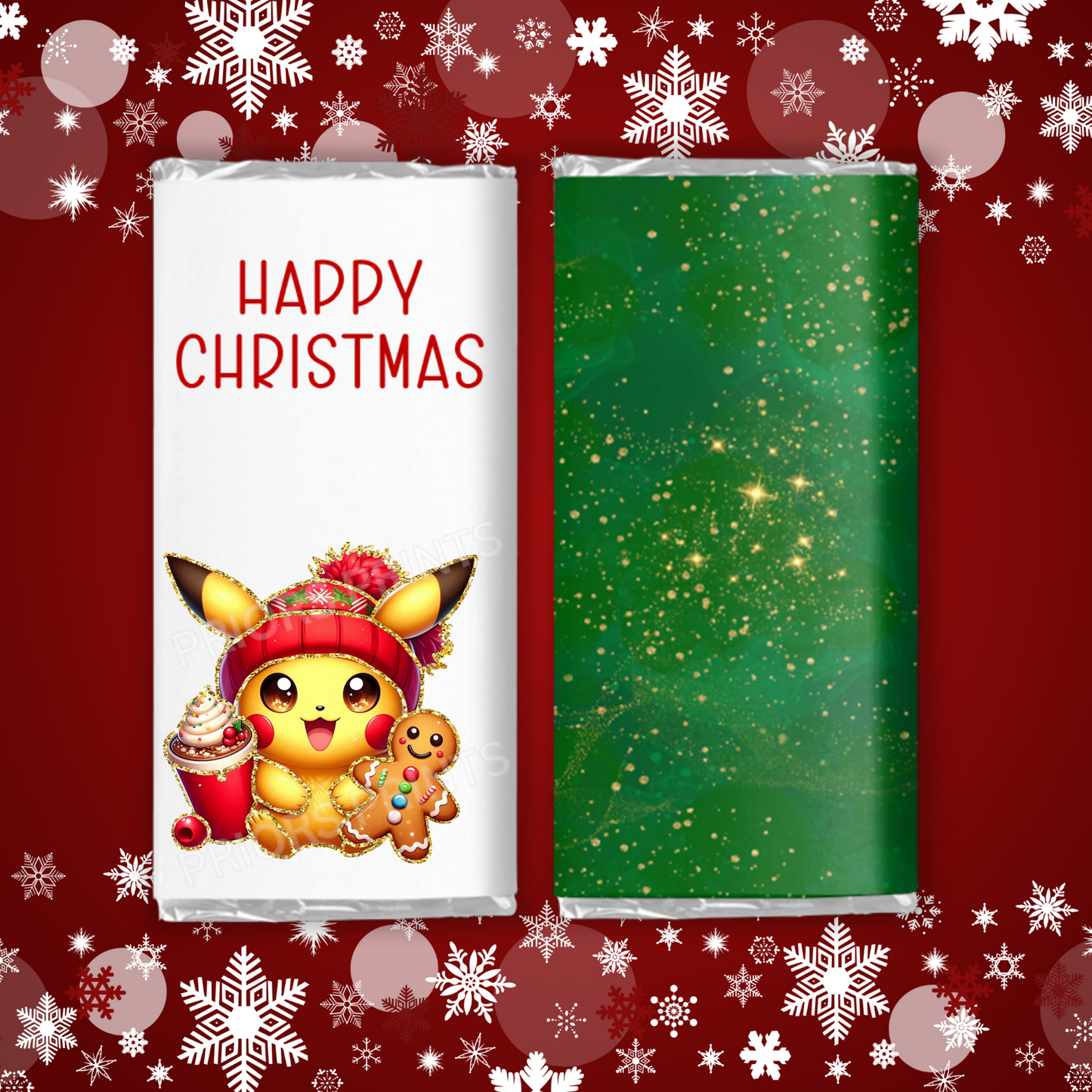 Cute Christmas Characters with Gold Outline Chocolate Bar Wrapper