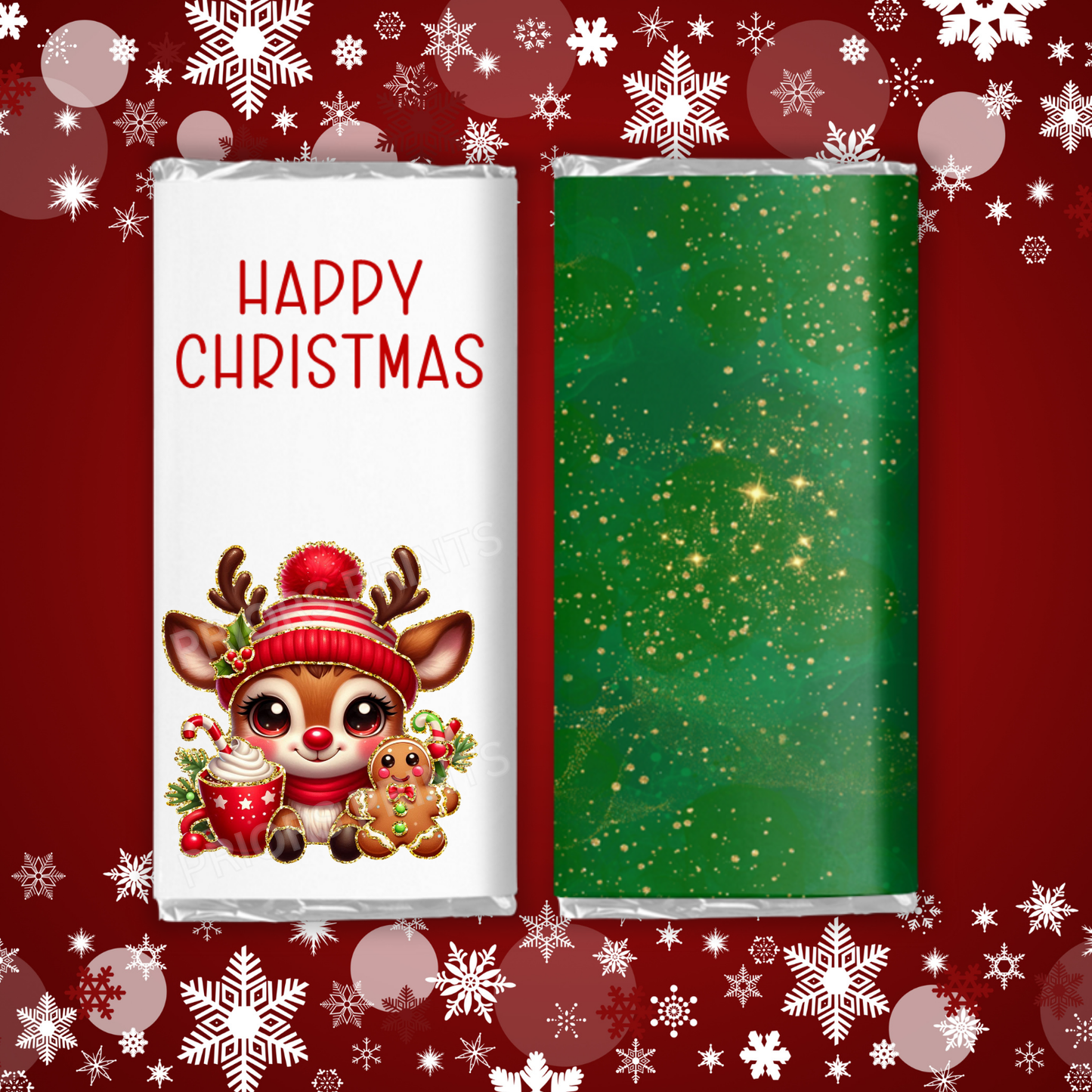 Cute Christmas Characters with Gold Outline Chocolate Bar Wrapper
