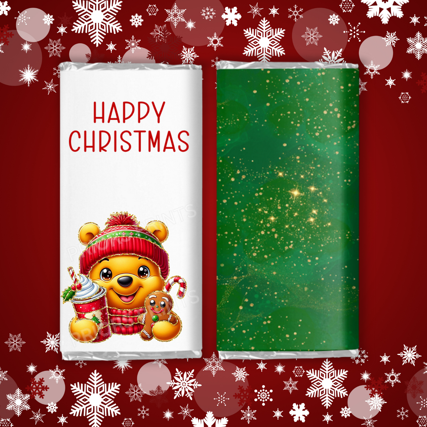 Cute Christmas Characters with Gold Outline Chocolate Bar Wrapper