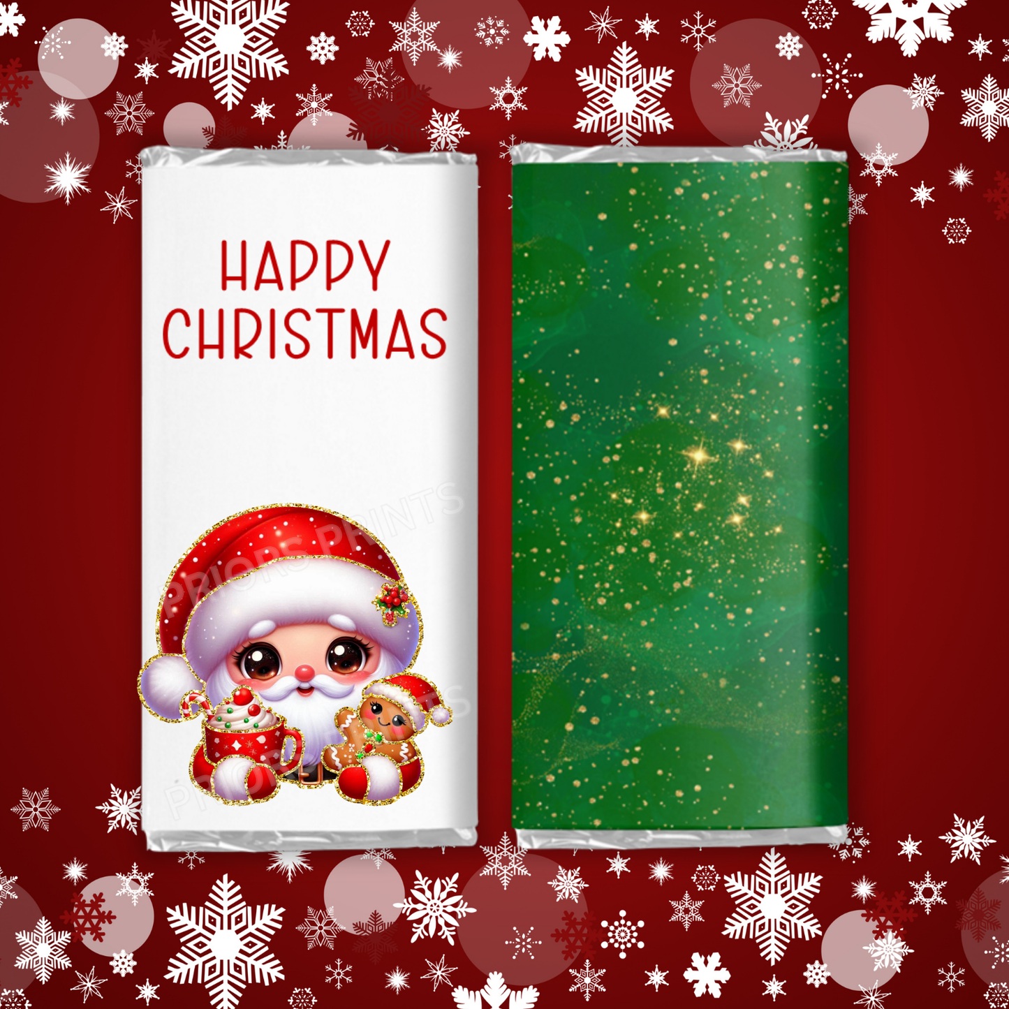 Cute Christmas Characters with Gold Outline Chocolate Bar Wrapper