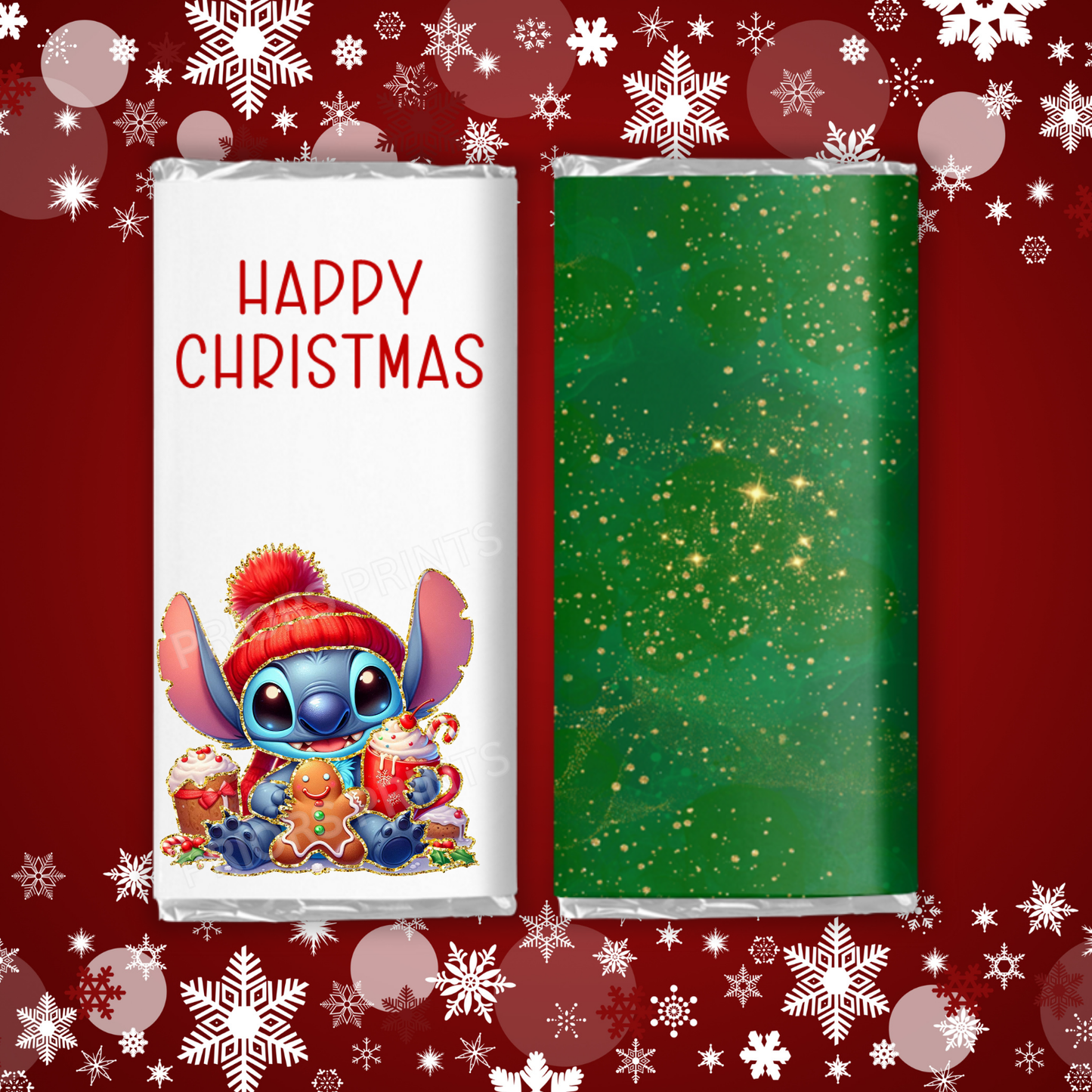 Cute Christmas Characters with Gold Outline Chocolate Bar Wrapper