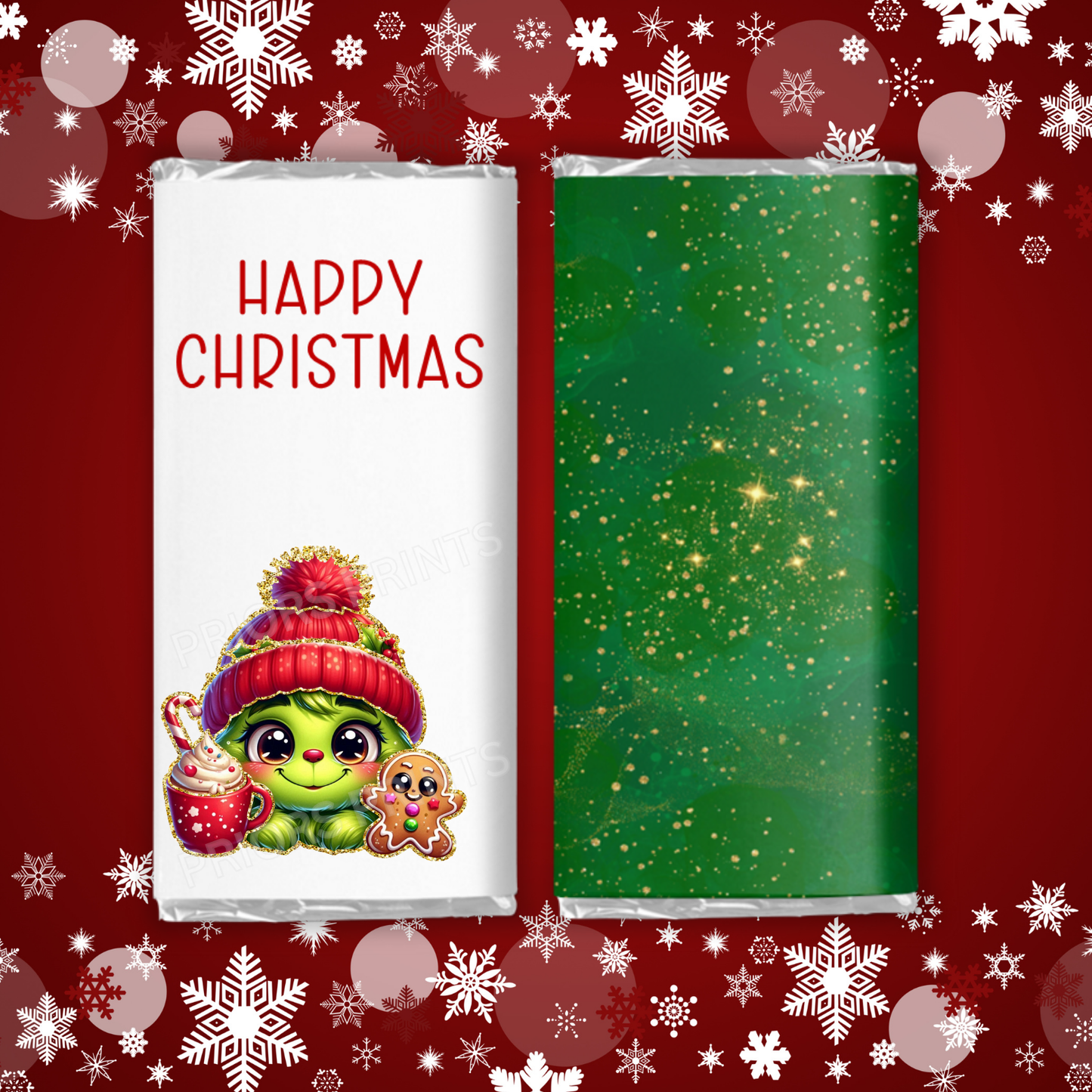 Cute Christmas Characters with Gold Outline Chocolate Bar Wrapper