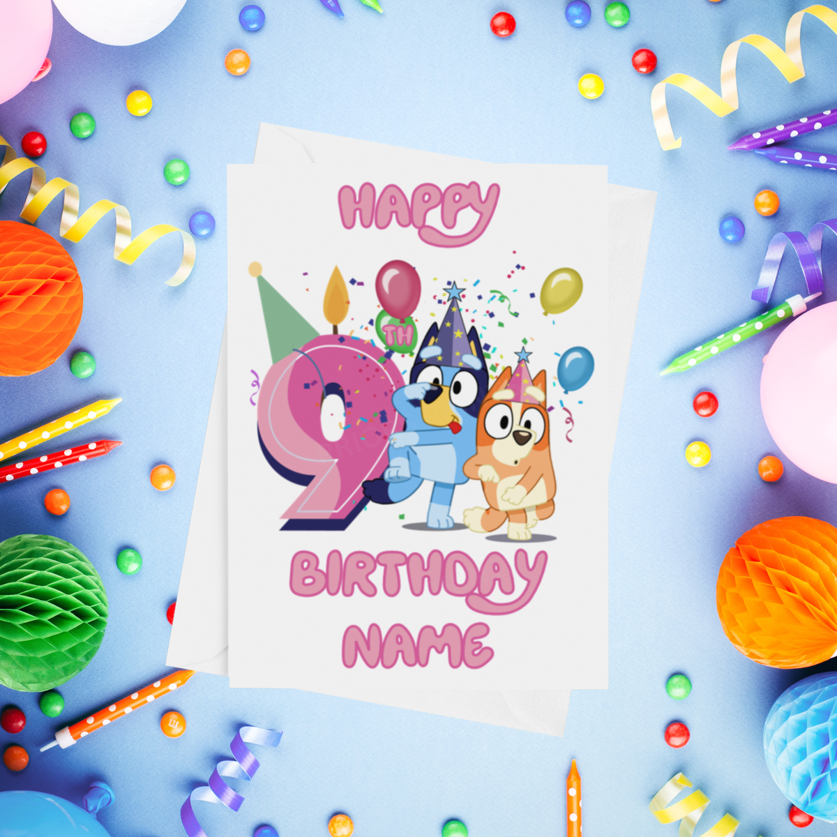 Bluey & Bingo Personalised Birthday Card with Child's Age 1-9 Years in Pink or Blue