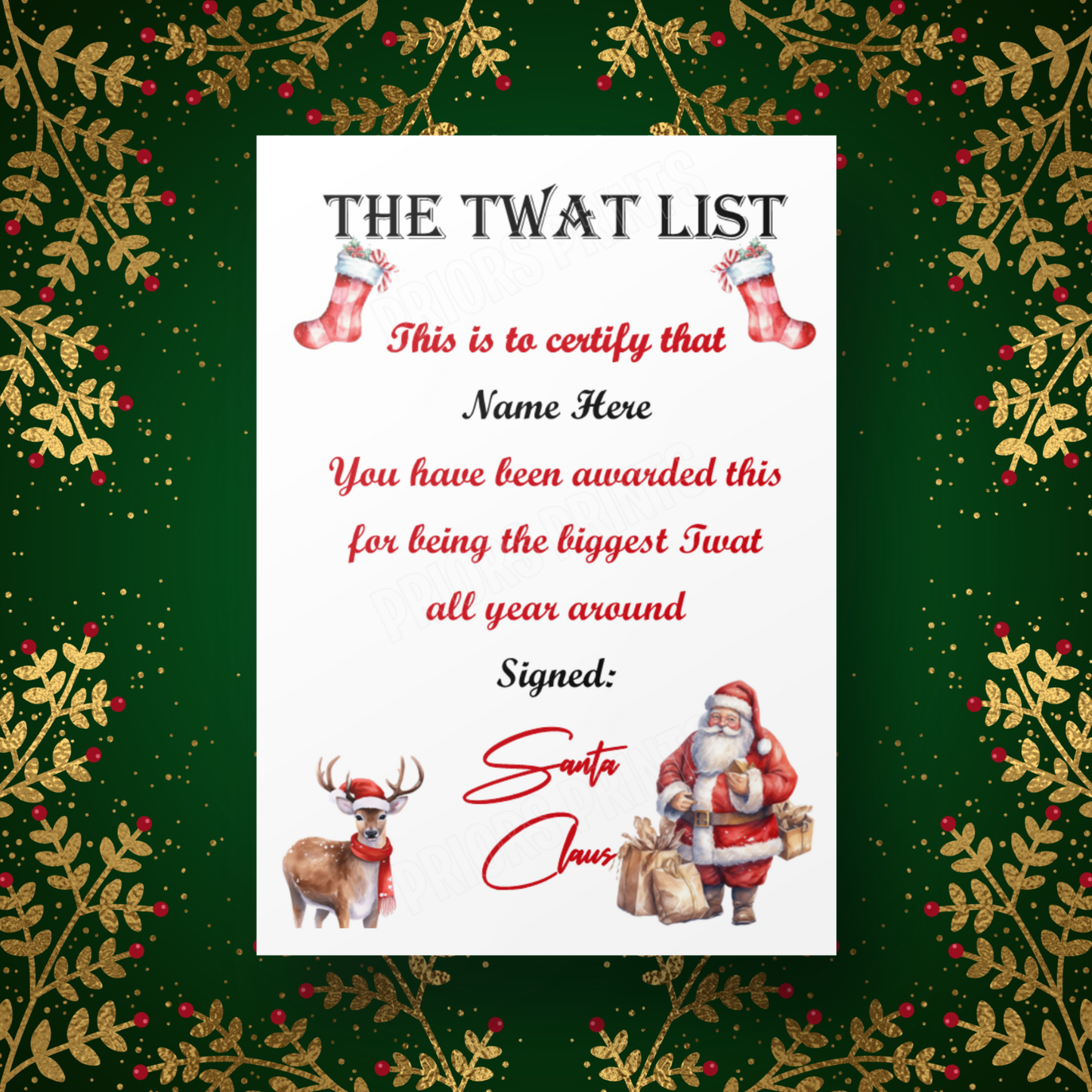 Personalised Twat or Cunt List Christmas Certificate A5