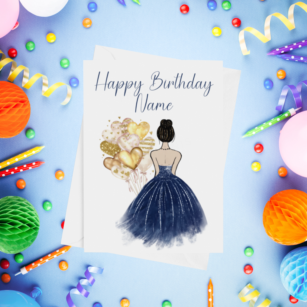 Pretty Dress in Navy Blue Personalised Birthday Card with Choice of Some Skin & Hair Colours