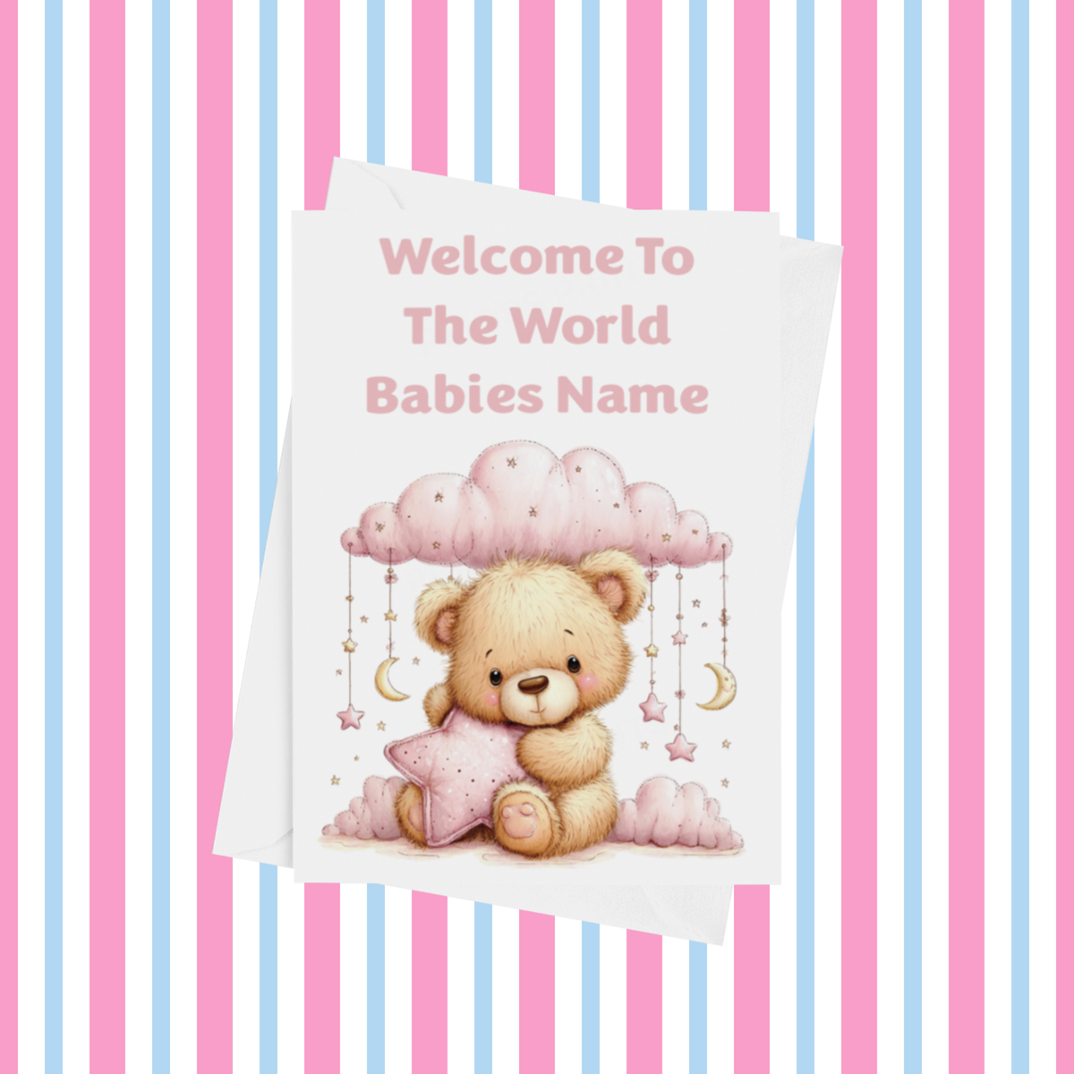 Welcome To The World Personalised Card for New Baby Pink Teddy Bears