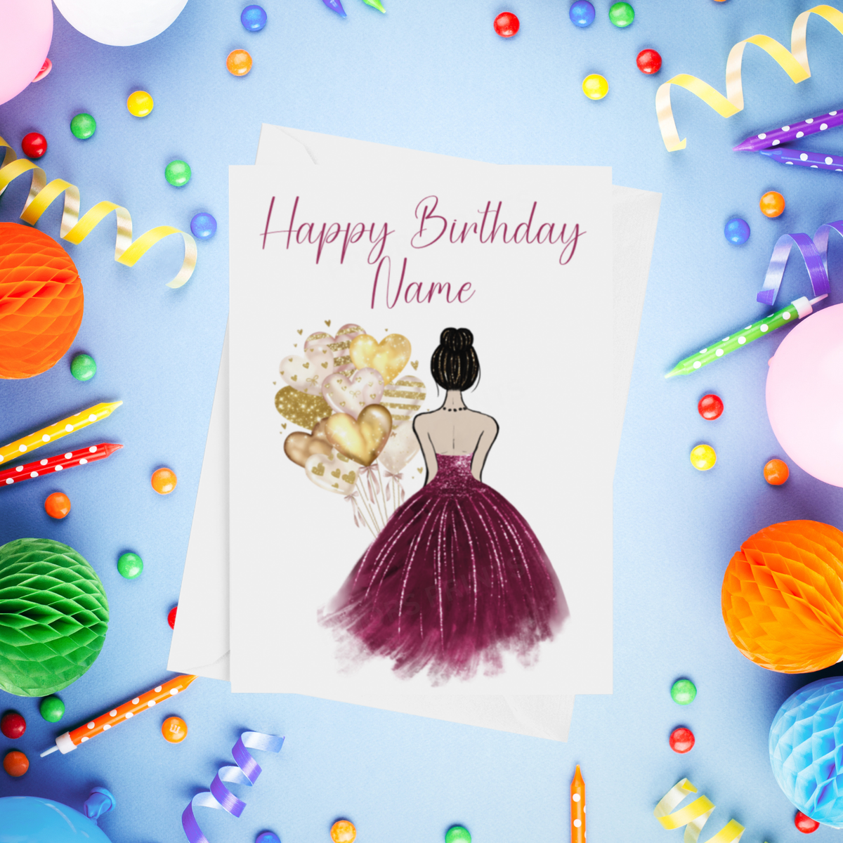 Pretty Dress in Burgundy Personalised Birthday Card with Choice of Some Skin & Hair Colours