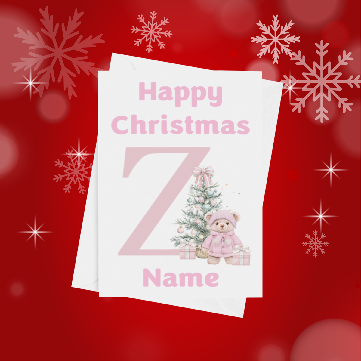 Cute Pink Bear Personalised Christmas Card