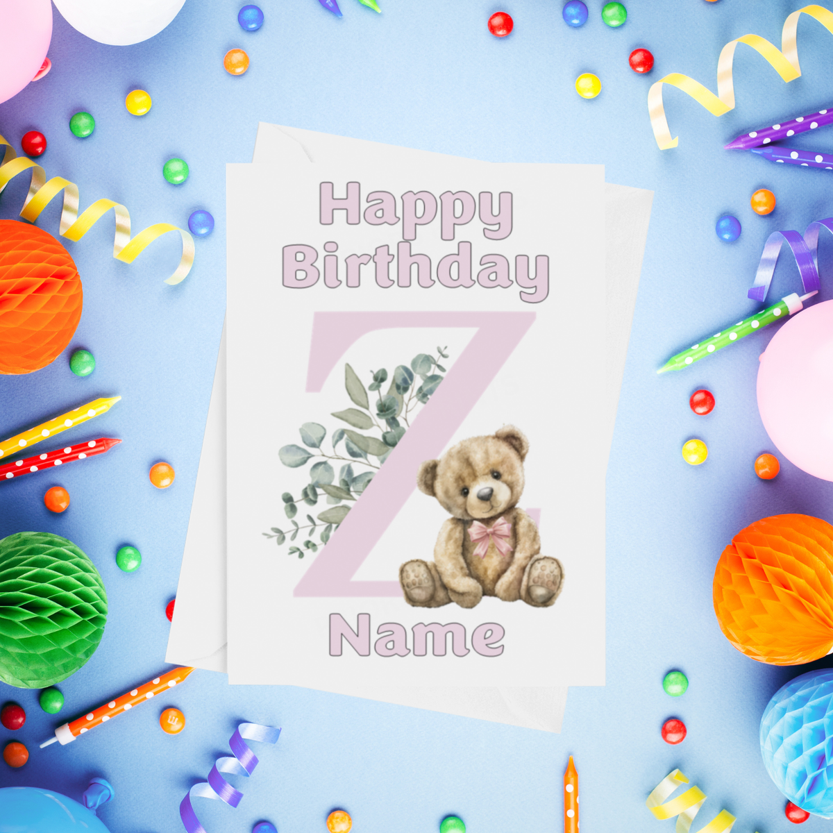 Cute Pink Alphabet Bear Personalised Birthday Card