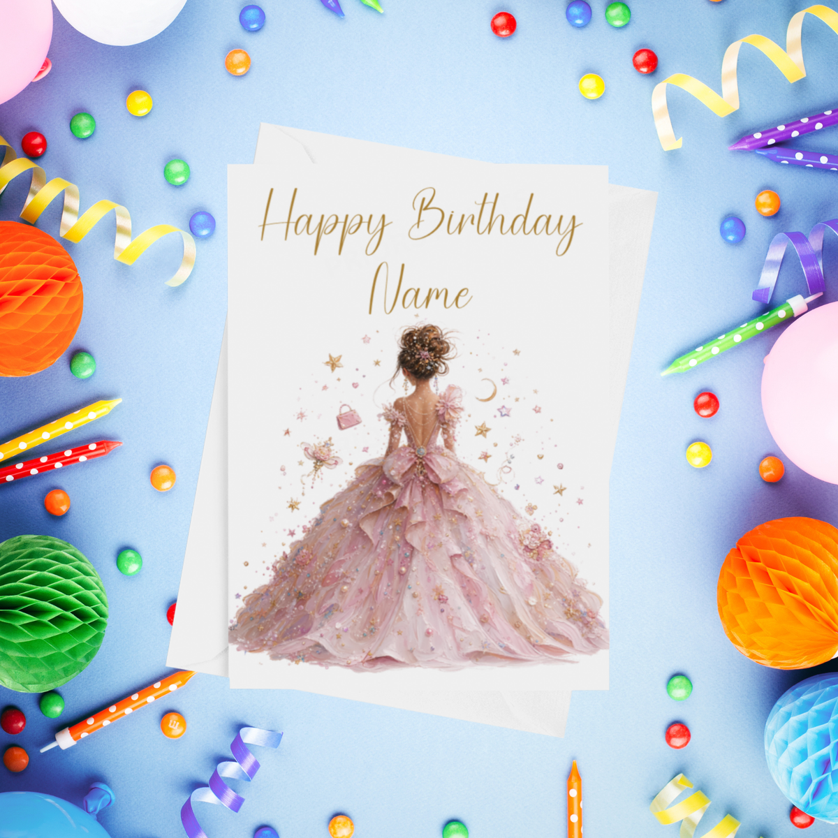 Woman in Pretty Dress 2 Personalised Birthday Card