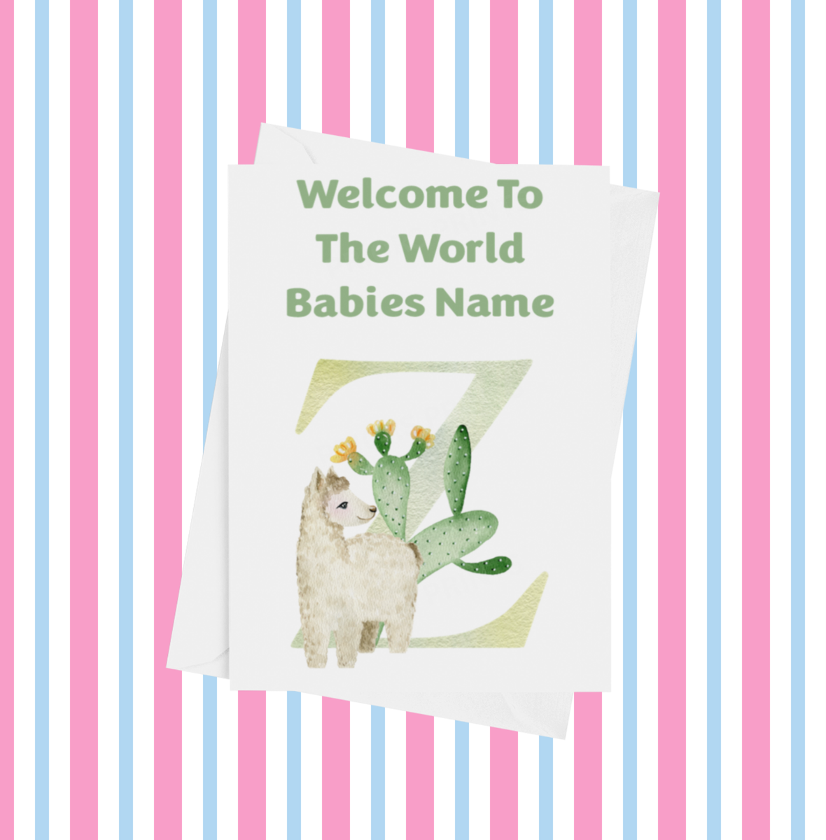 Welcome To The World Llama Personalised Card for New Baby in Green