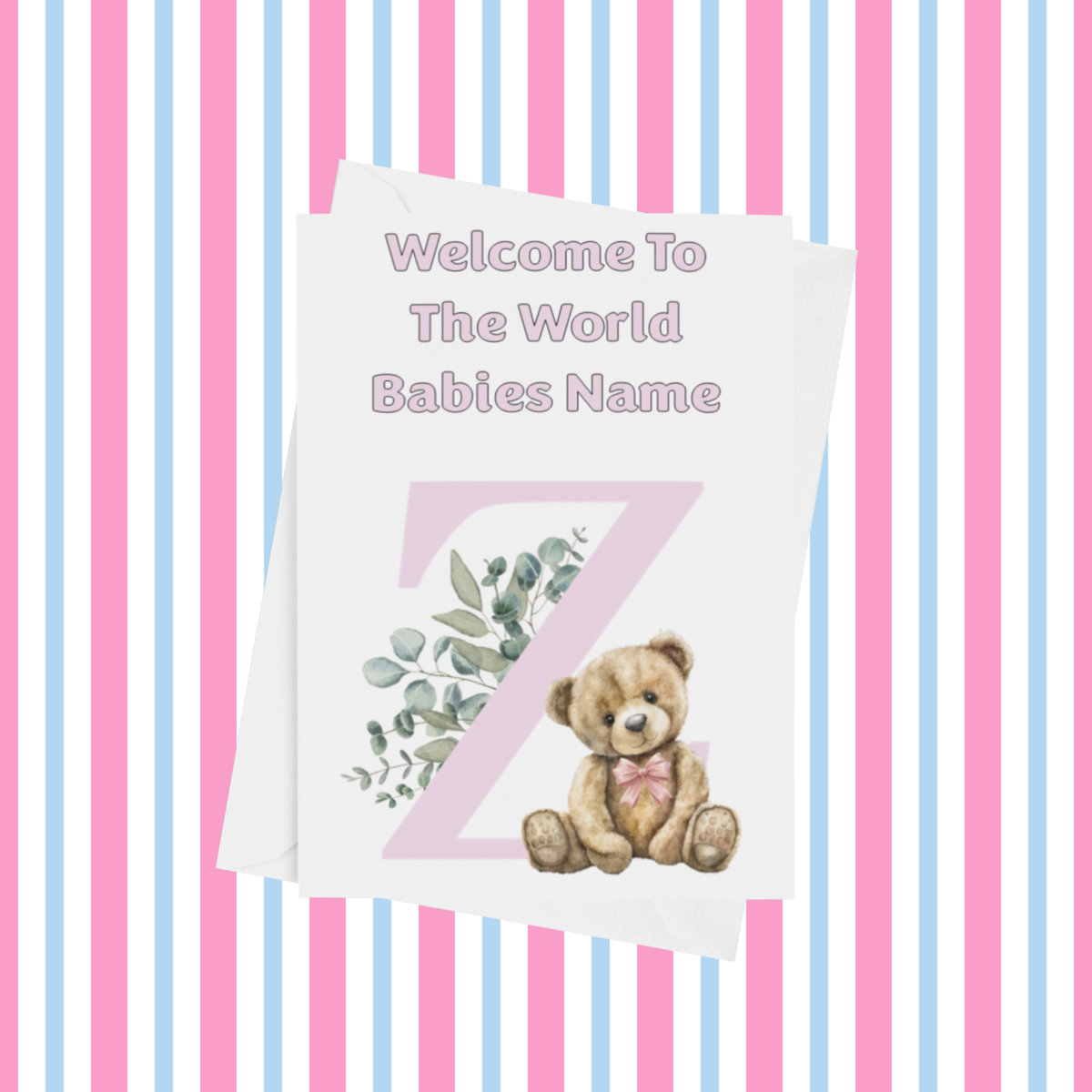 Cute Pink Bear Welcome To The World Personalised Card for New Baby