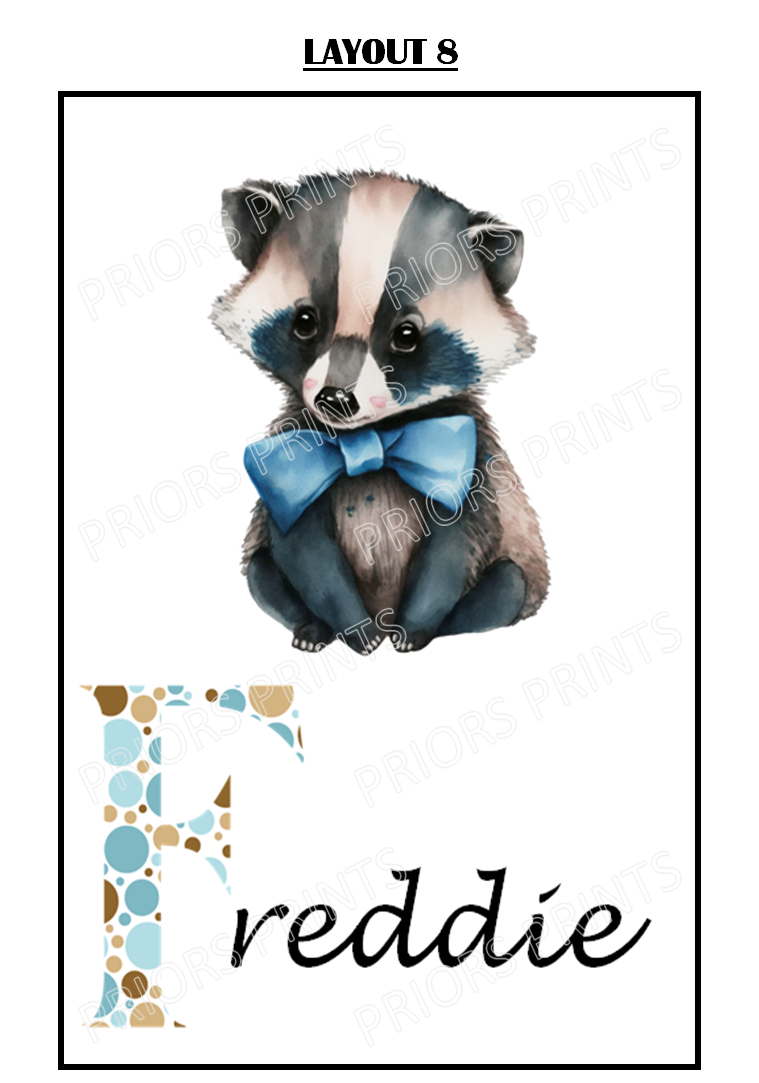 Animal with Blue Bowtie Personalised A4 Name Print