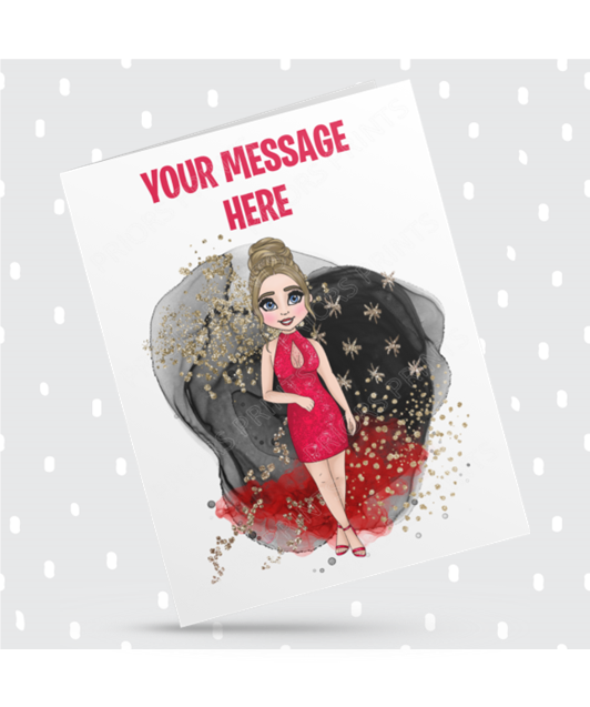 Red Dress Female Personalised Card For Any Occasion