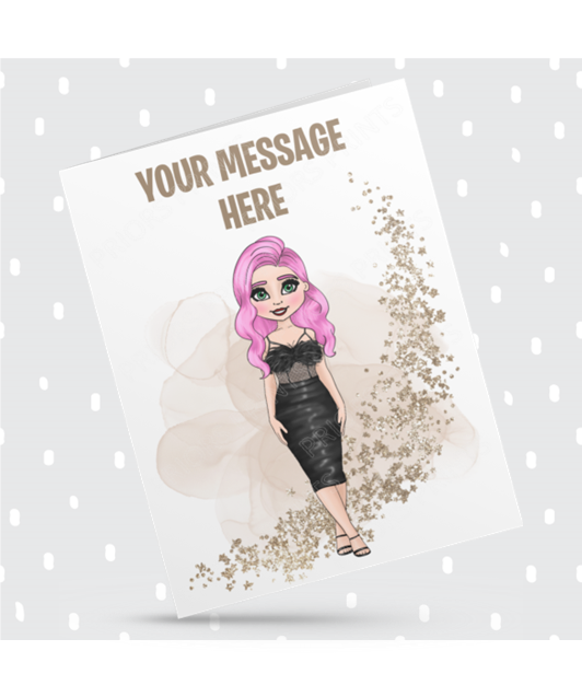 Black Mid Length Dress Female Personalised Card For Any Occasion