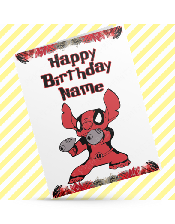 Stitch as Deadpool Personalised Birthday Card