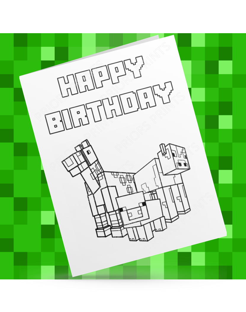 Minecraft Animals Colour Your Own Birthday Card