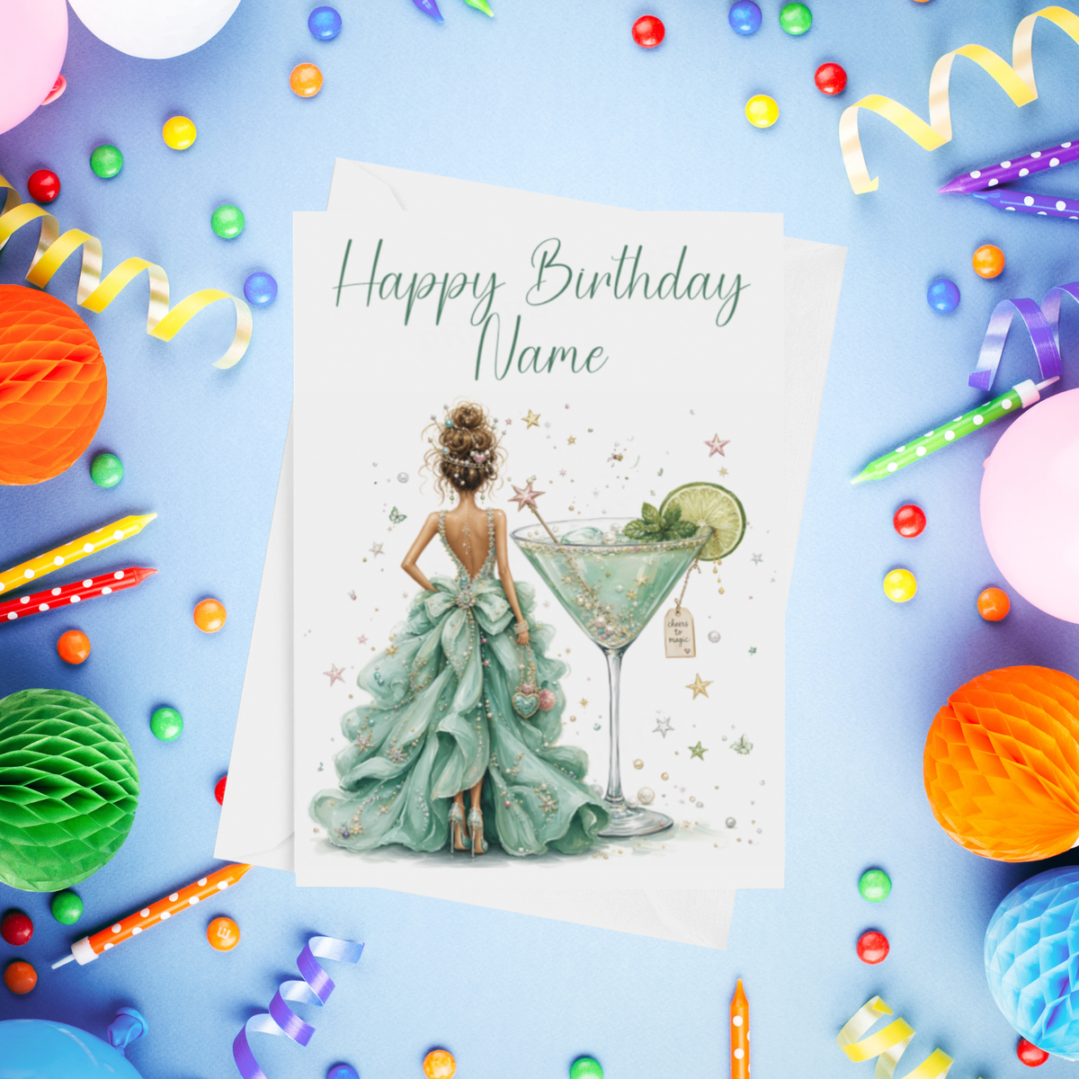 Woman in Pretty Dress with Drink Personalised Birthday Card