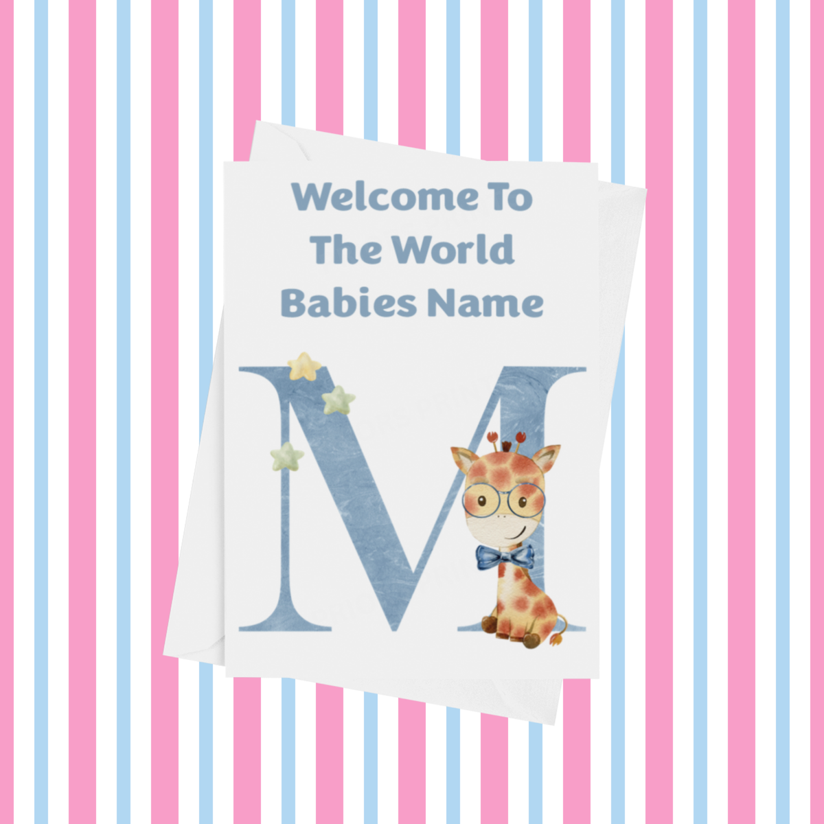 Welcome To The World Giraffe Personalised Card for New Baby in Blue