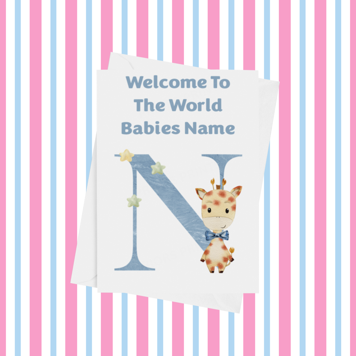 Welcome To The World Giraffe Personalised Card for New Baby in Blue