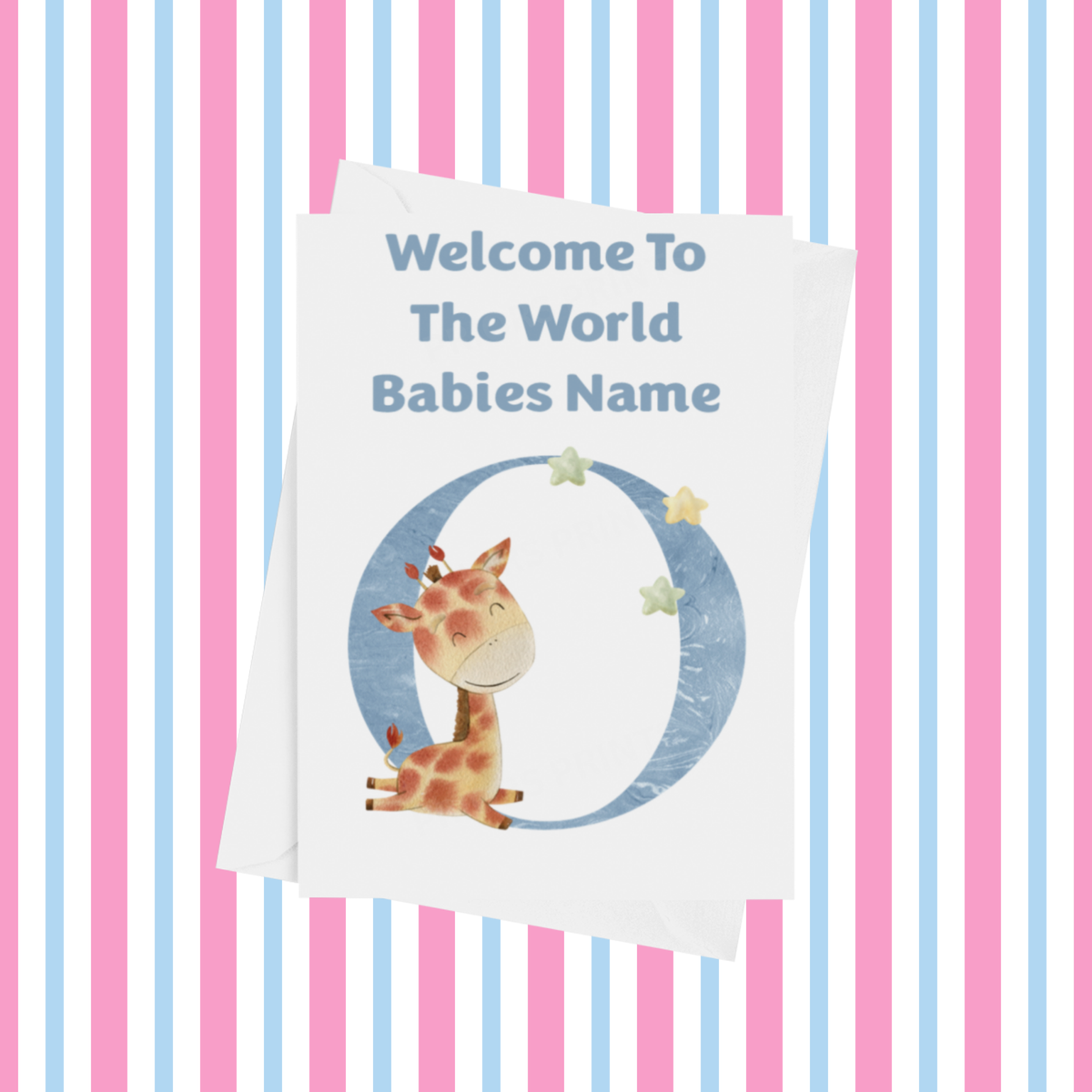 Welcome To The World Giraffe Personalised Card for New Baby in Blue