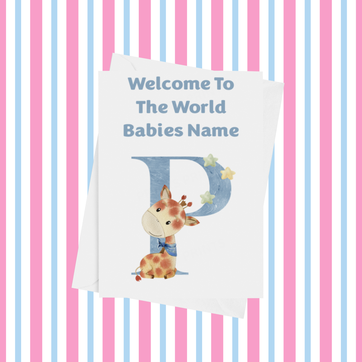 Welcome To The World Giraffe Personalised Card for New Baby in Blue