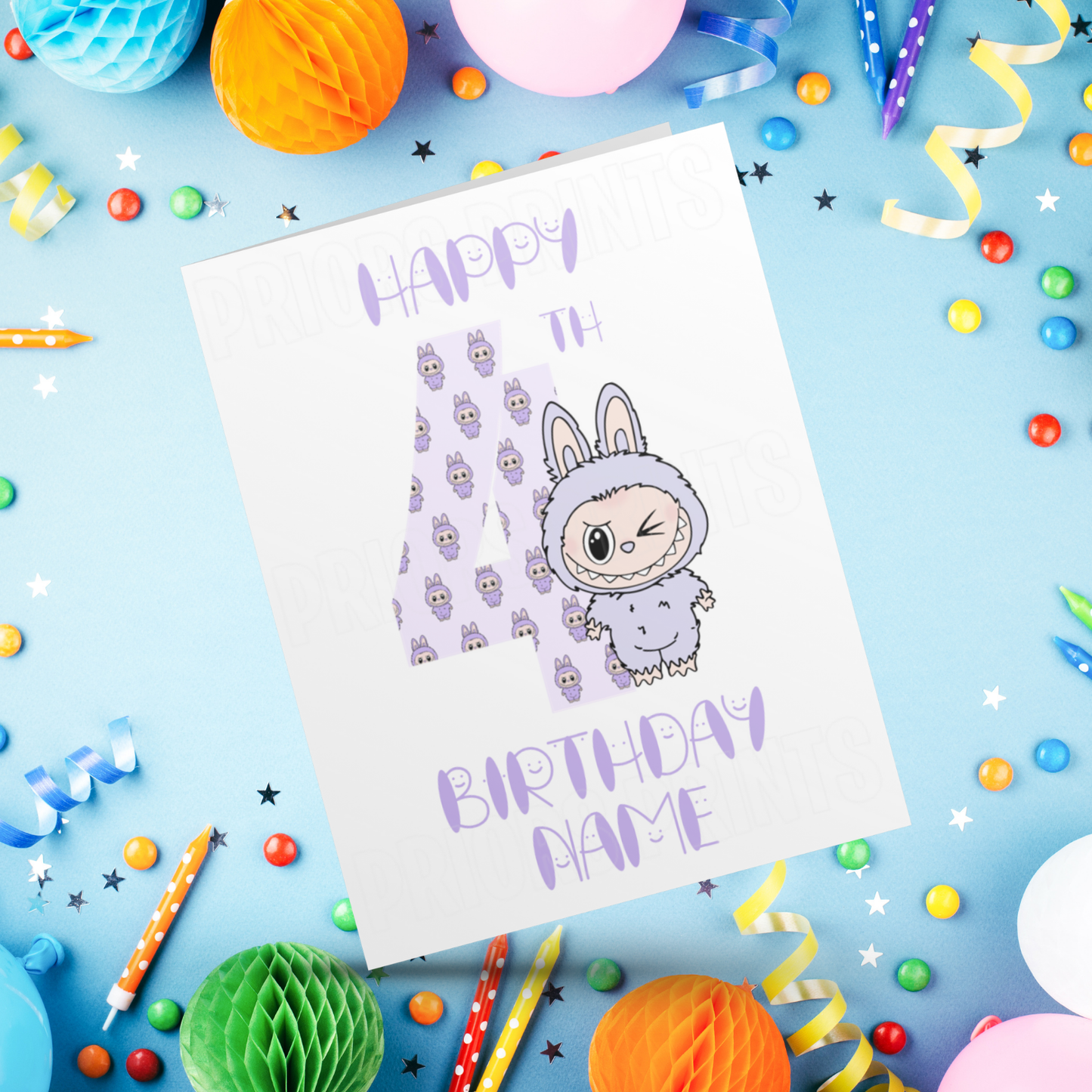 Personalised Labubu Birthday Card with Age 5-20 Years- Purple
