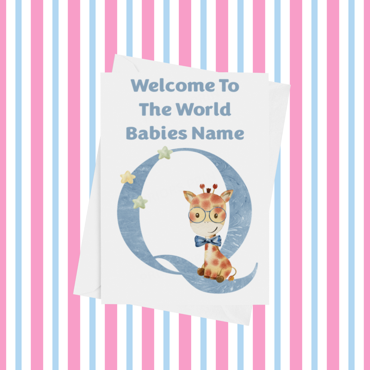Welcome To The World Giraffe Personalised Card for New Baby in Blue