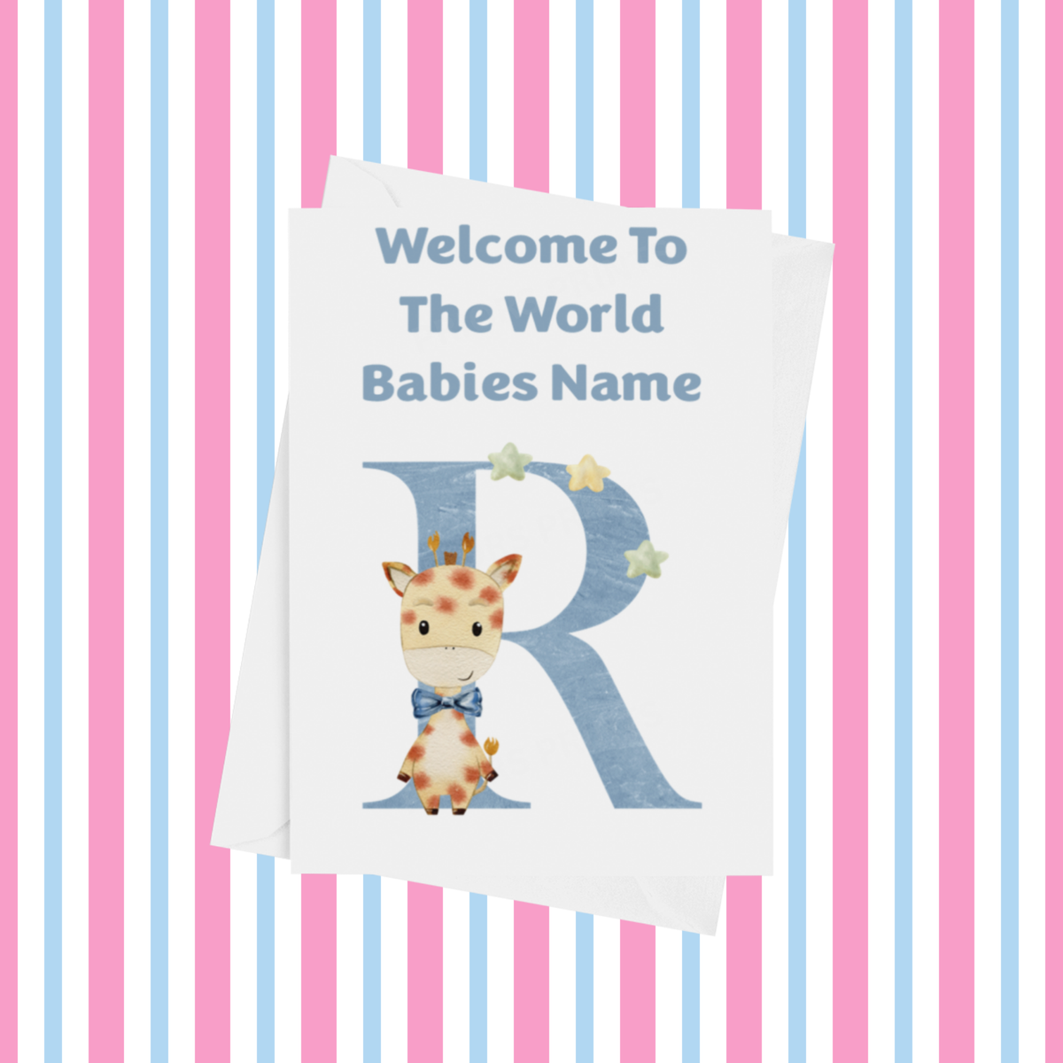 Welcome To The World Giraffe Personalised Card for New Baby in Blue