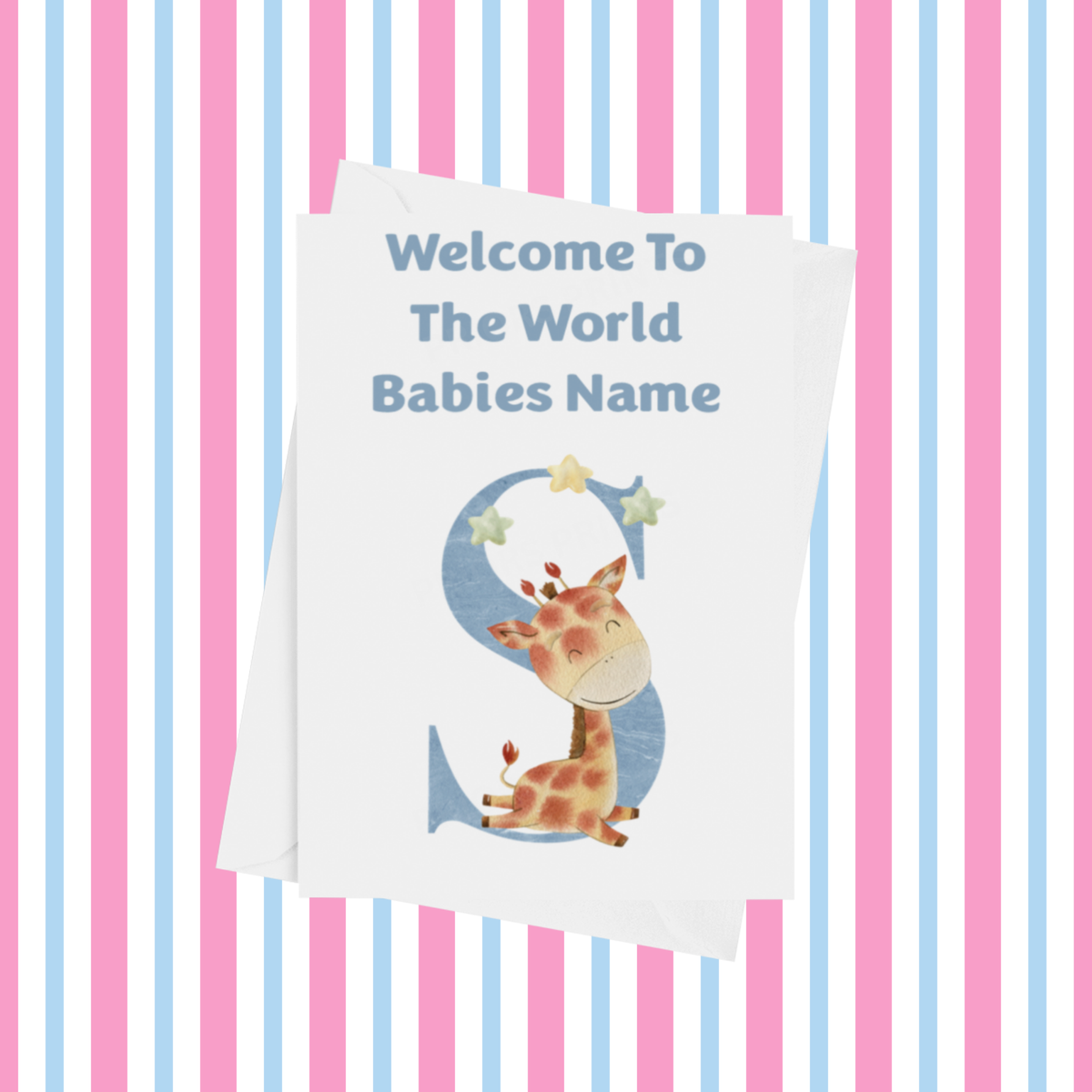 Welcome To The World Giraffe Personalised Card for New Baby in Blue