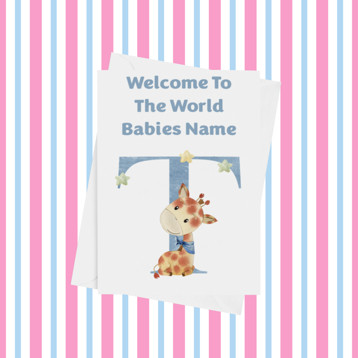 Welcome To The World Giraffe Personalised Card for New Baby in Blue