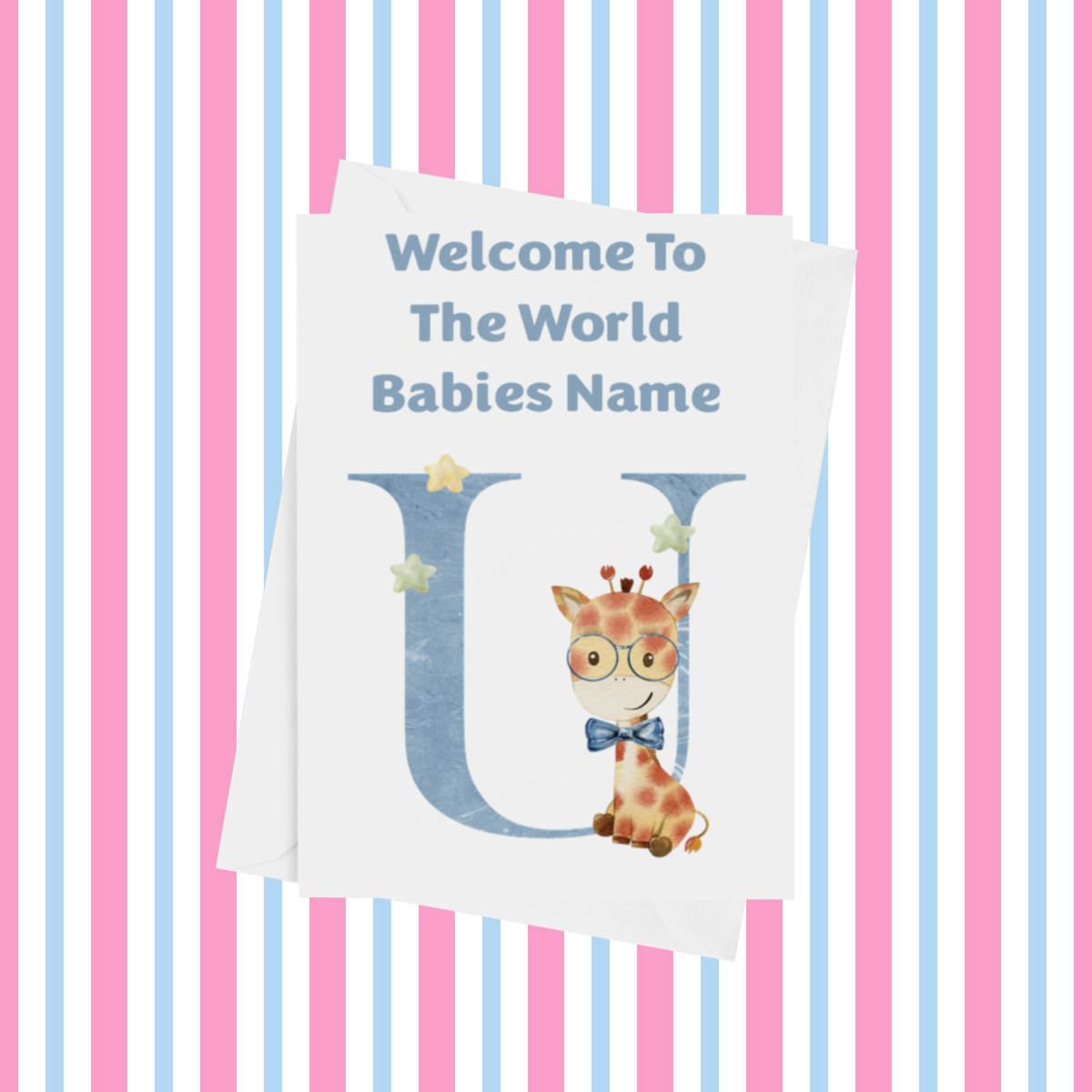 Welcome To The World Giraffe Personalised Card for New Baby in Blue