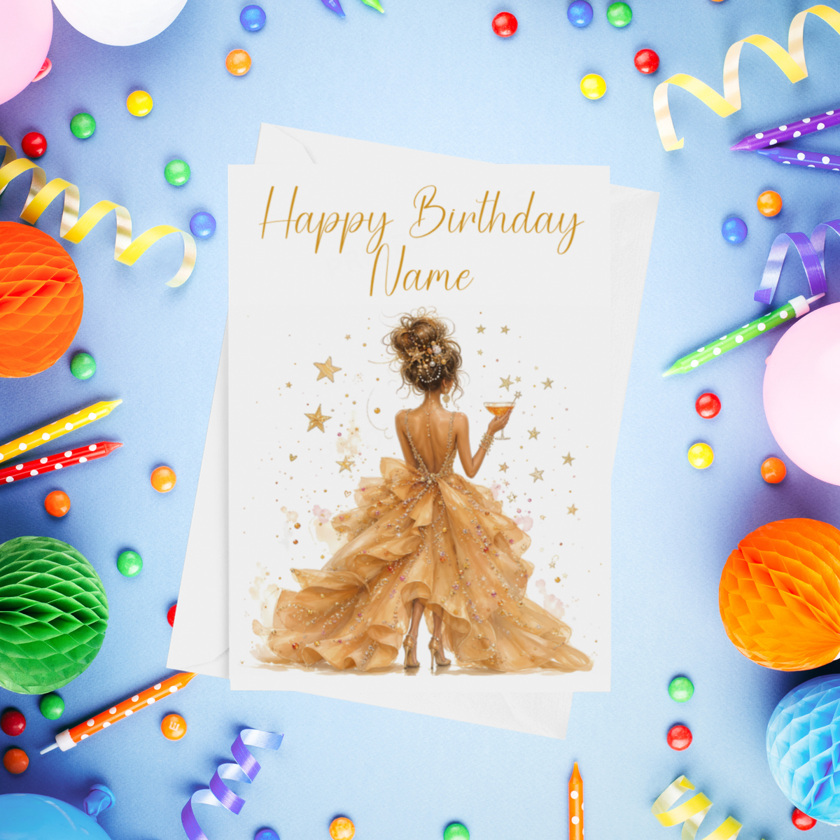 Woman in Pretty Dress with Drink Personalised Birthday Card
