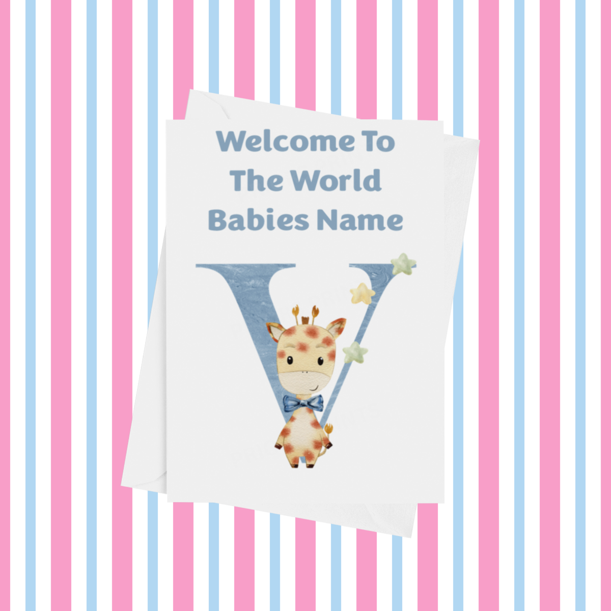 Welcome To The World Giraffe Personalised Card for New Baby in Blue