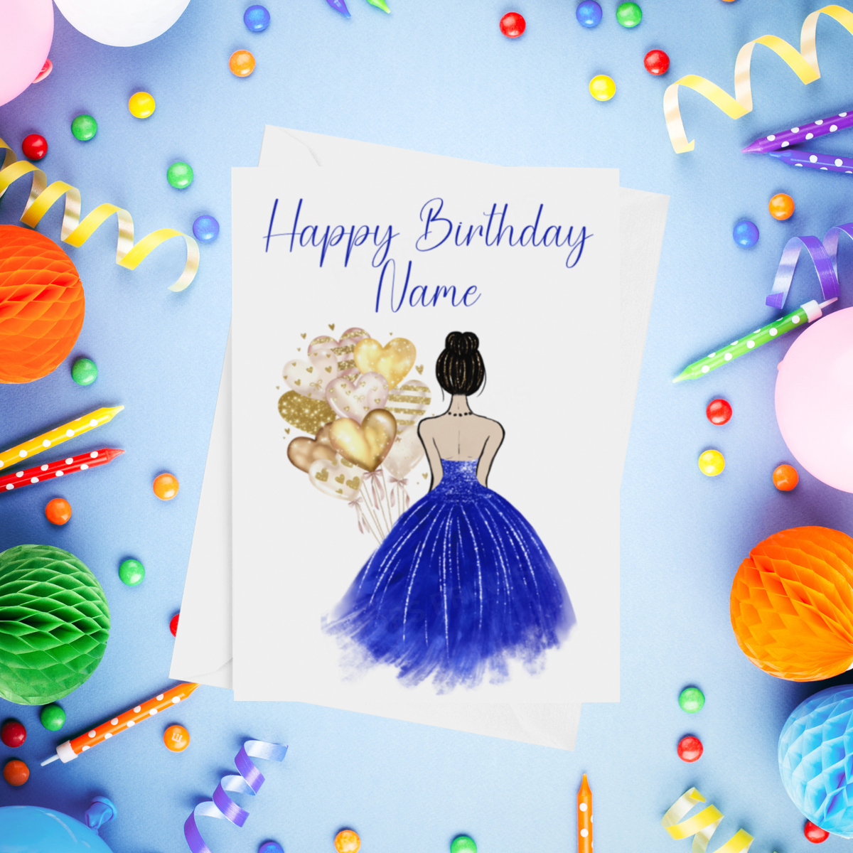 Pretty Dress in Royal Blue Personalised Birthday Card with Choice of Some Skin & Hair Colours