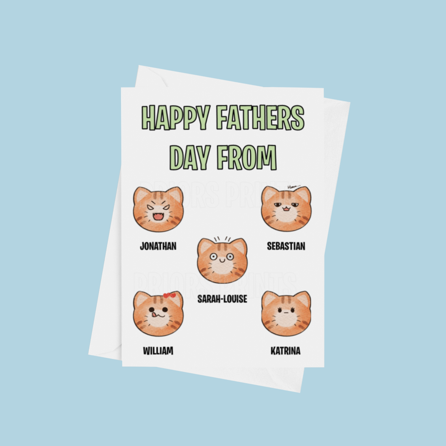Personalised Cat Face Fathers Day Card for up to 6 children