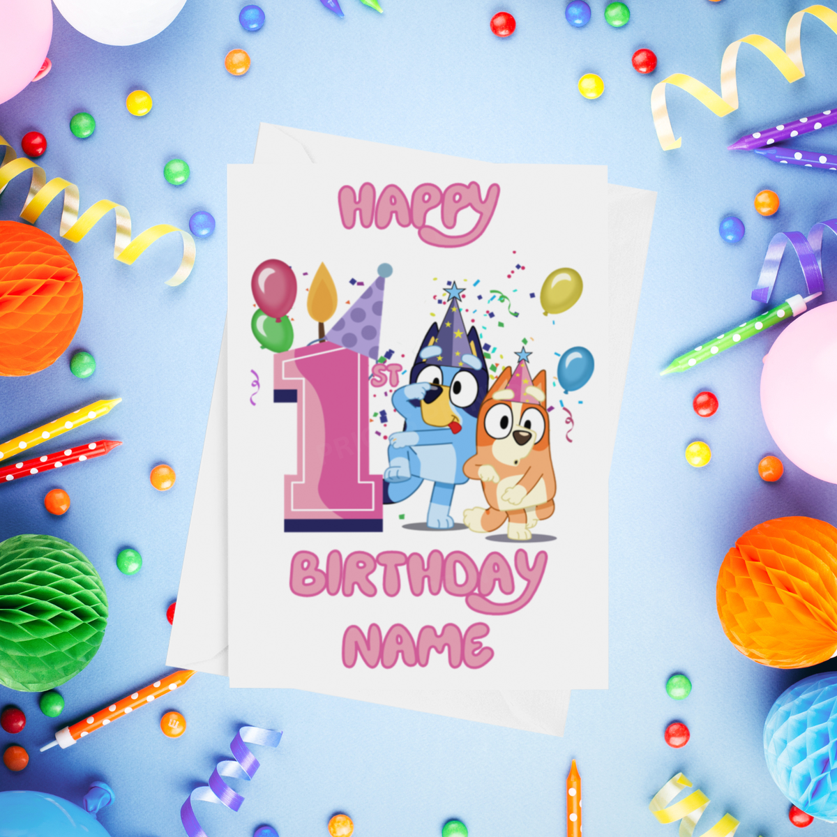 Bluey & Bingo Personalised Birthday Card with Child's Age 1-9 Years in Pink or Blue