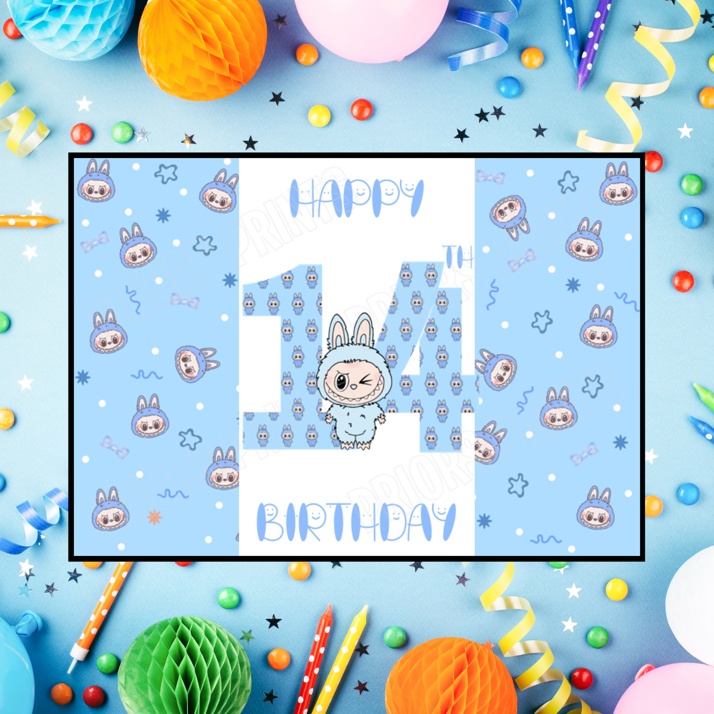 Blue Labubu Birthday Chocolate Bar Wrapper with Age 5-20 Years (Matches Cards)