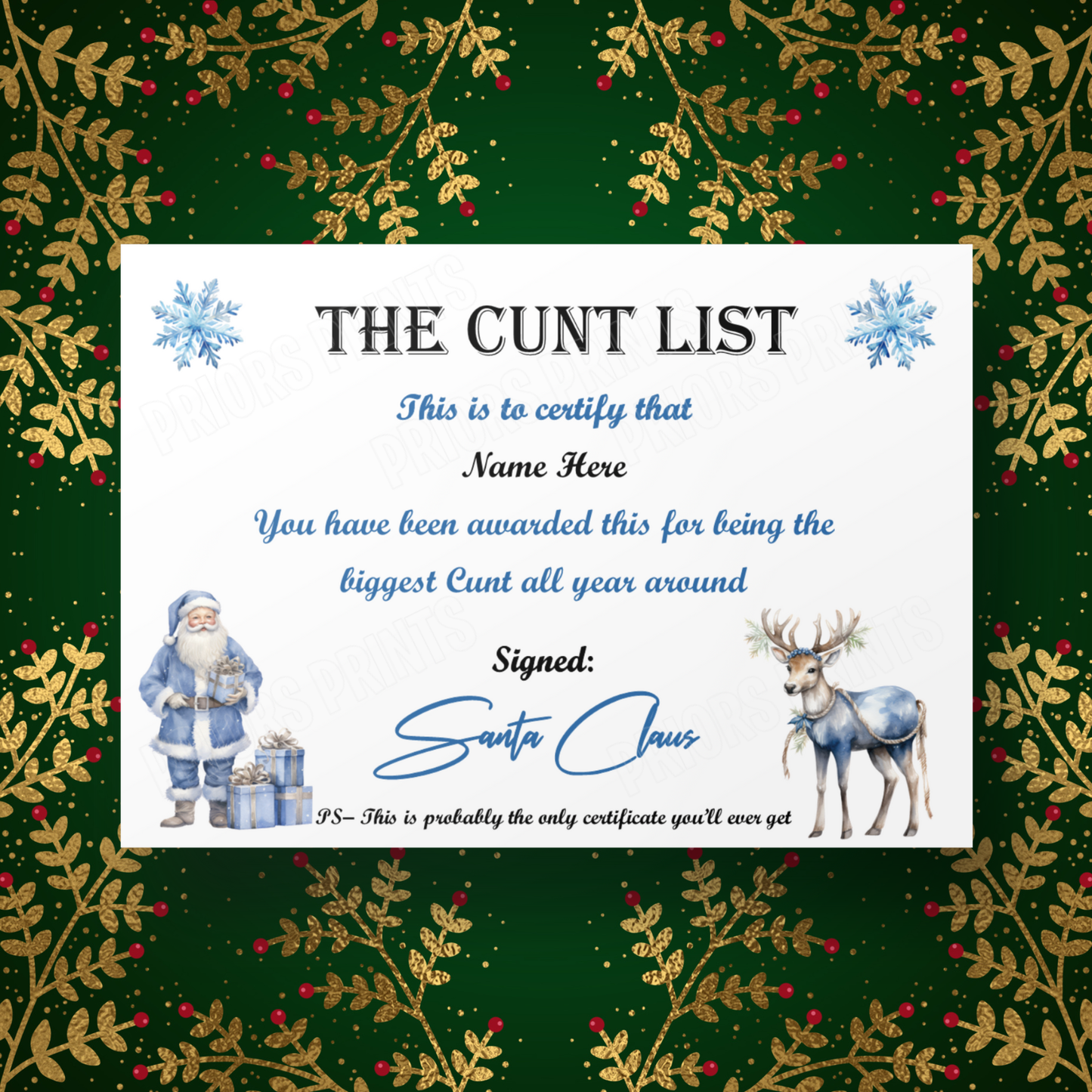 Personalised Twat or Cunt List Christmas Certificate A4