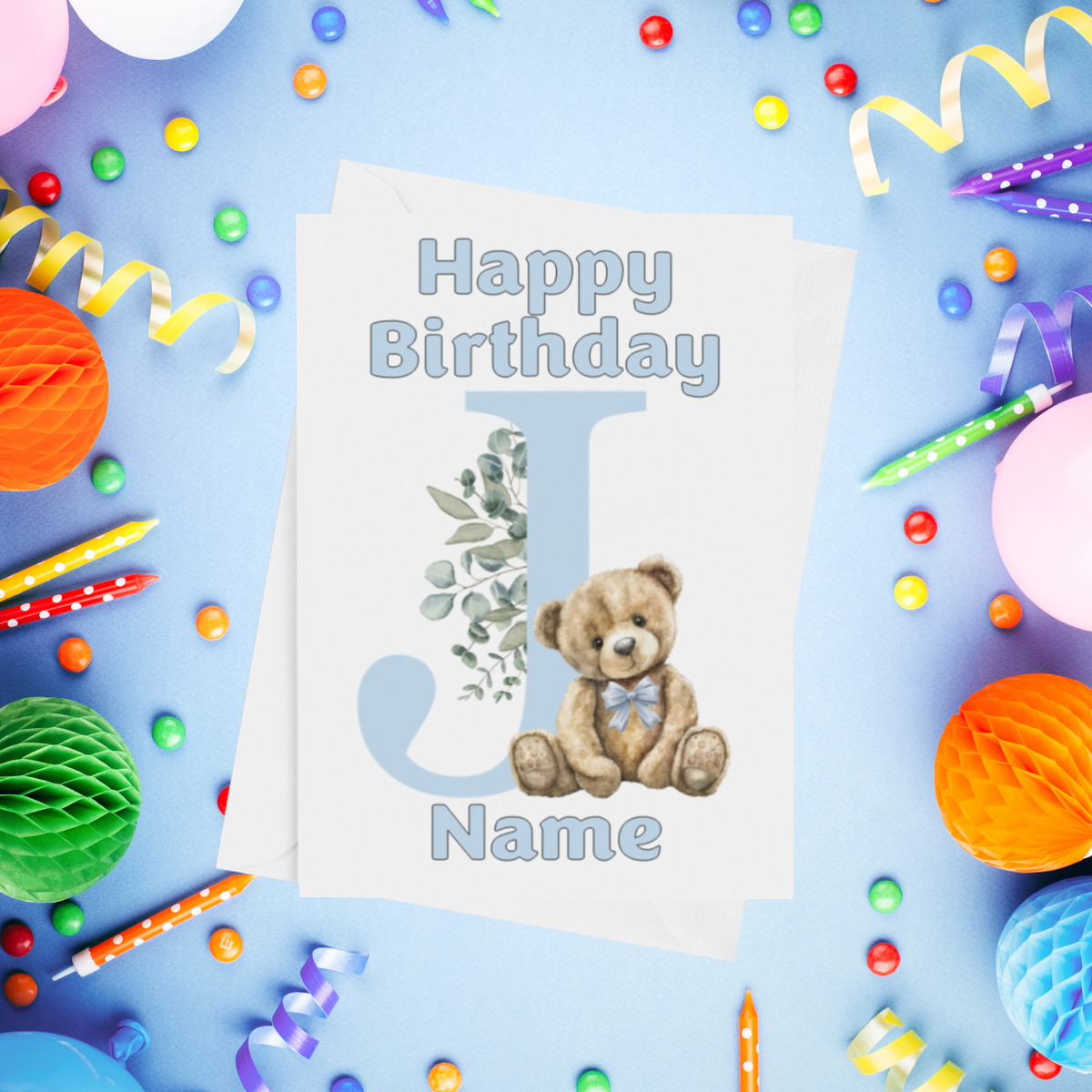 Cute Blue Alphabet Bear Personalised Birthday Card