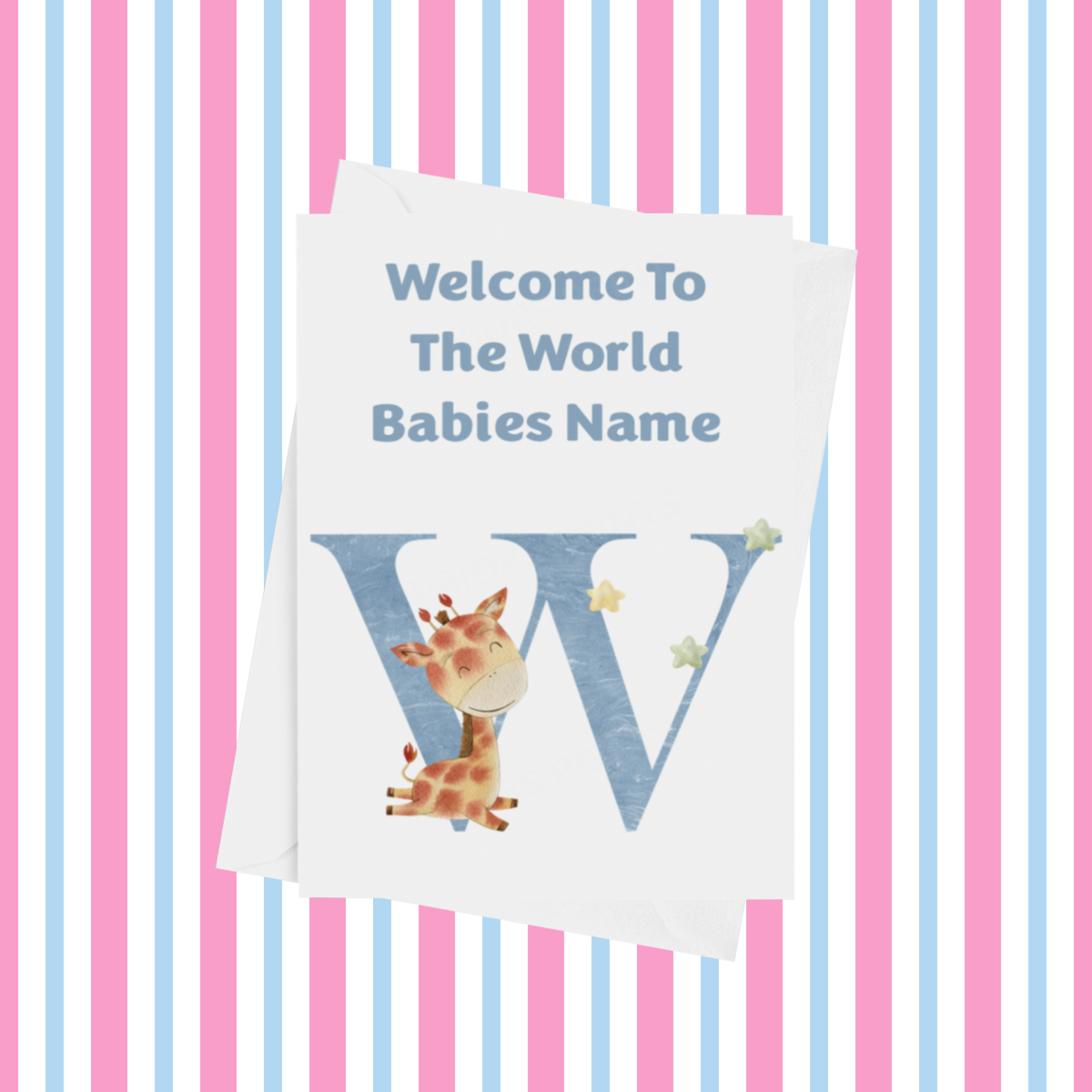 Welcome To The World Giraffe Personalised Card for New Baby in Blue
