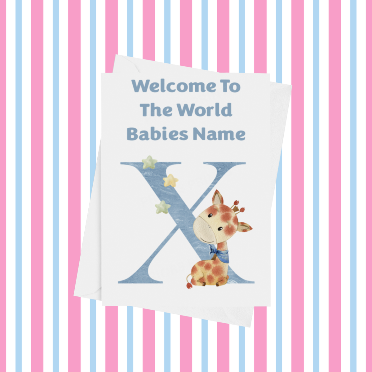 Welcome To The World Giraffe Personalised Card for New Baby in Blue
