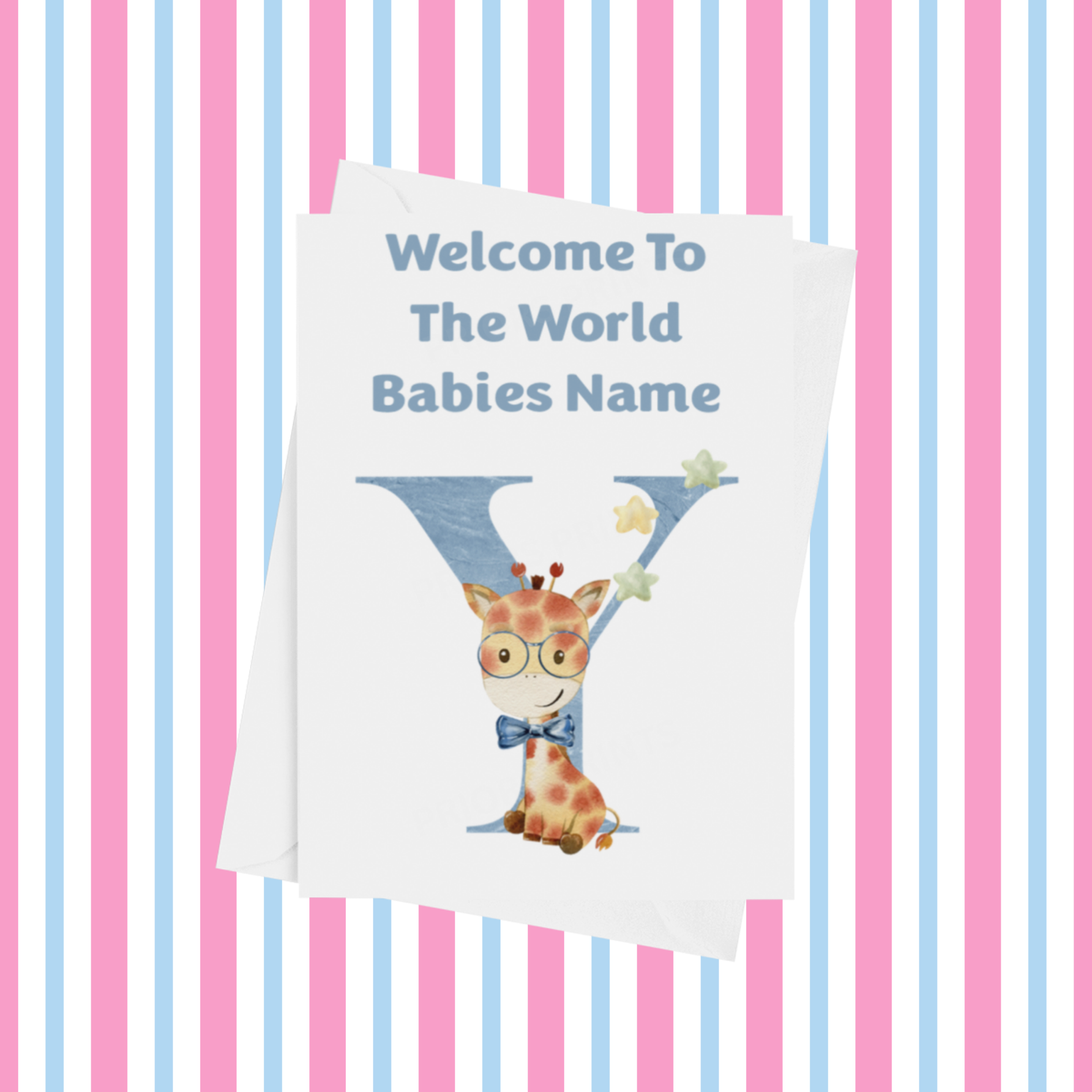 Welcome To The World Giraffe Personalised Card for New Baby in Blue